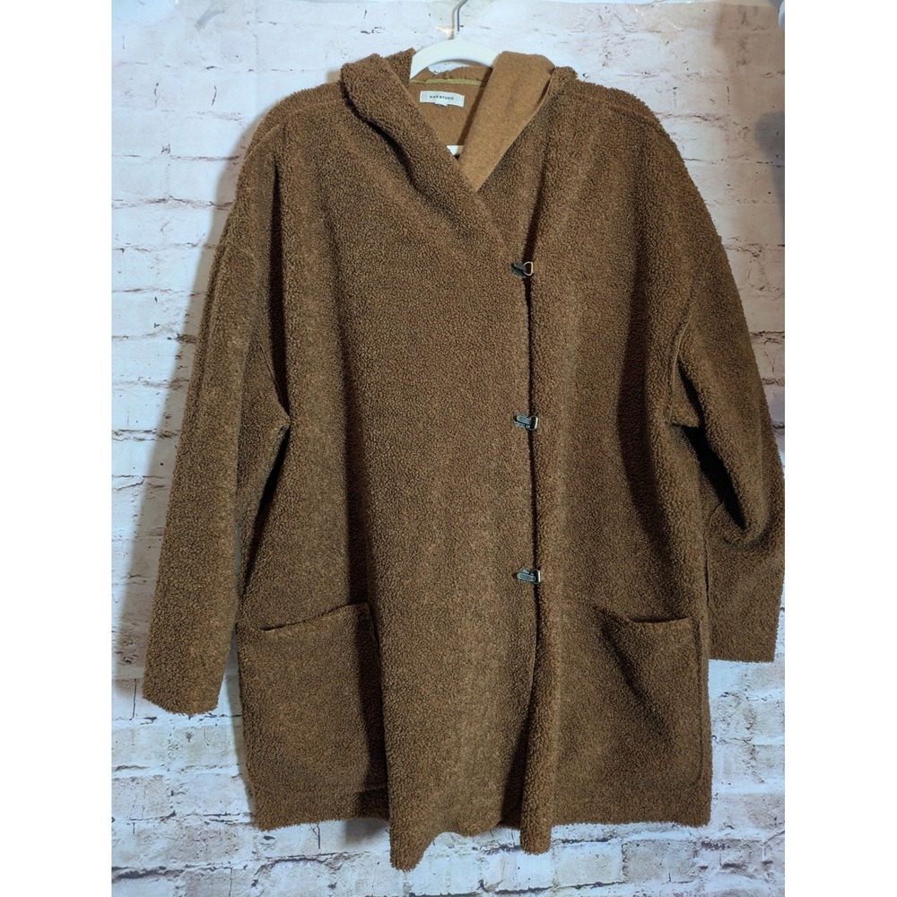 Max Studio Teddy Sherpa Jacket 2X In Brown Artsy Button Clasp Hooded Drop Pocket